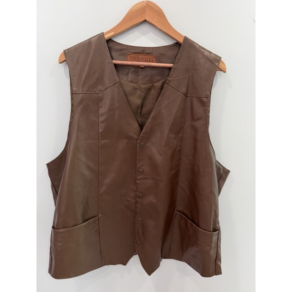 Gioberti Men's Brown Faux Leather Vest XL Button Front Utility Western Biker